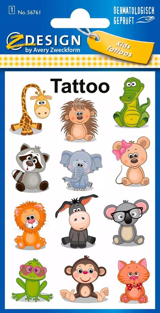 AVERY ZWECKFORM Kinder Tattoos "Tiere" 56761 10 Stück Zdjęcie produktu 