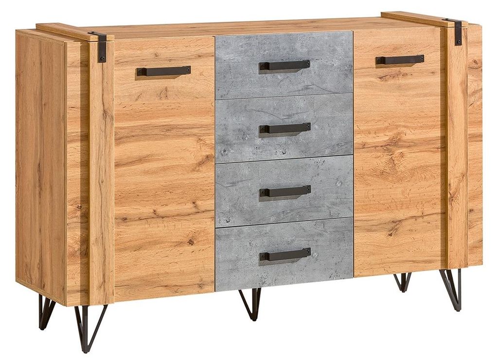Masseno Kommode BRANDO 135 cm Sideboard mit 4 Schubladen und 2 Türen für Wohnzimmer Schlafzimmer Modern 135x41,3x97 cm Eiche Wotan / Taupe