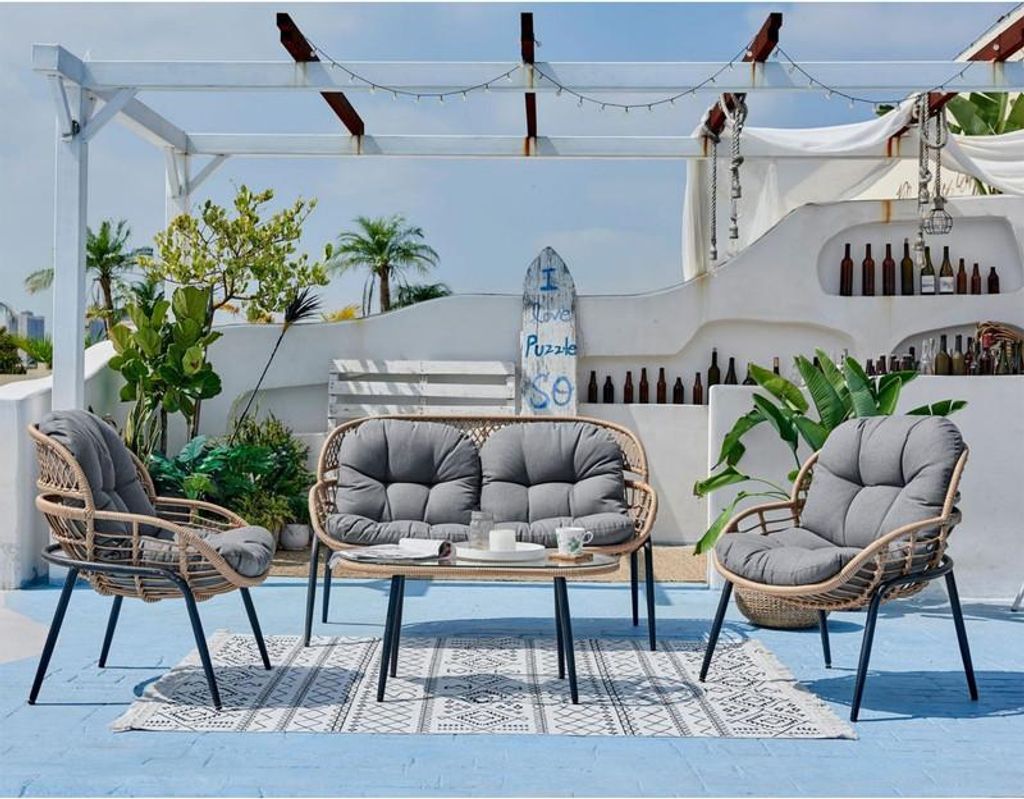 Happy Home 8tlg Lounge Set Rattan mit Sitzkissen grau für Garten Balkon Terrasse