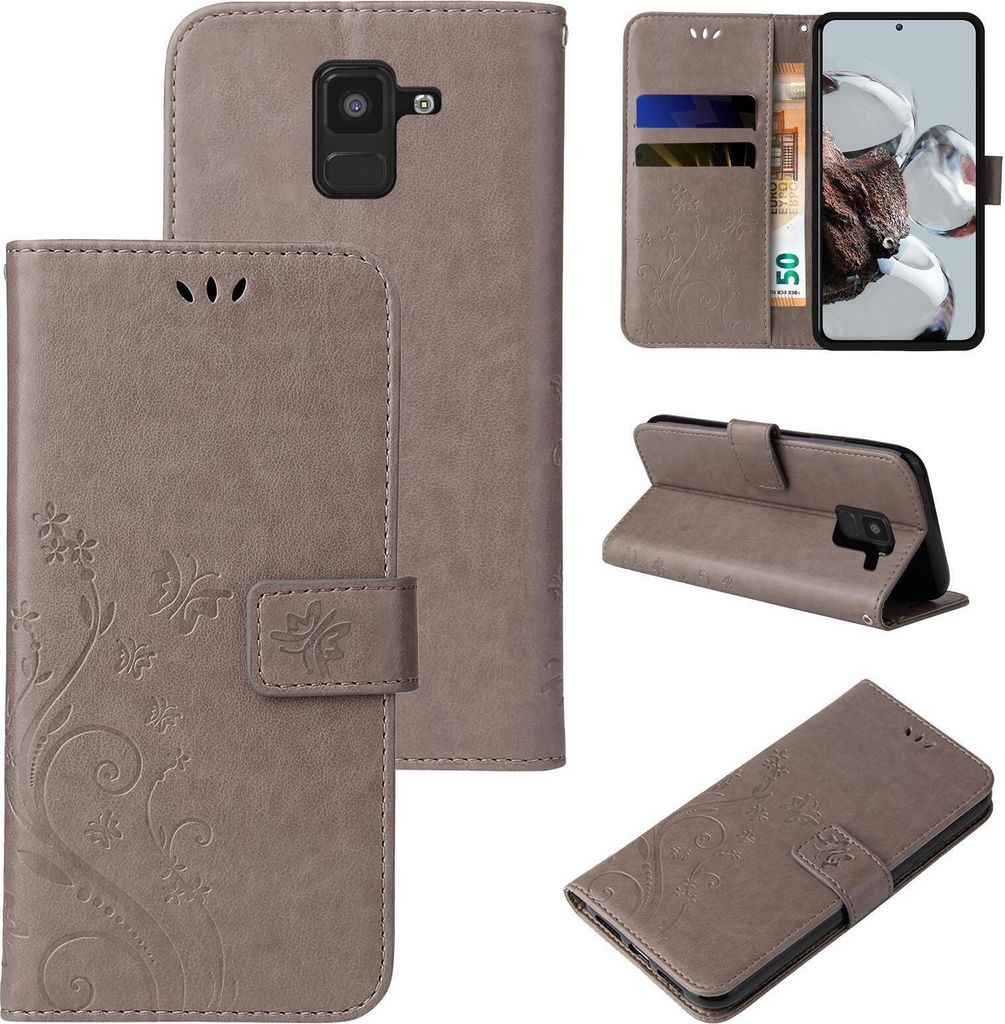 Handyhülle für Samsung Galaxy A8 (2018) Floral Blumen Schmetterling Flip Cover Hülle Case Klapphülle Handytasche Farbe: Grau
