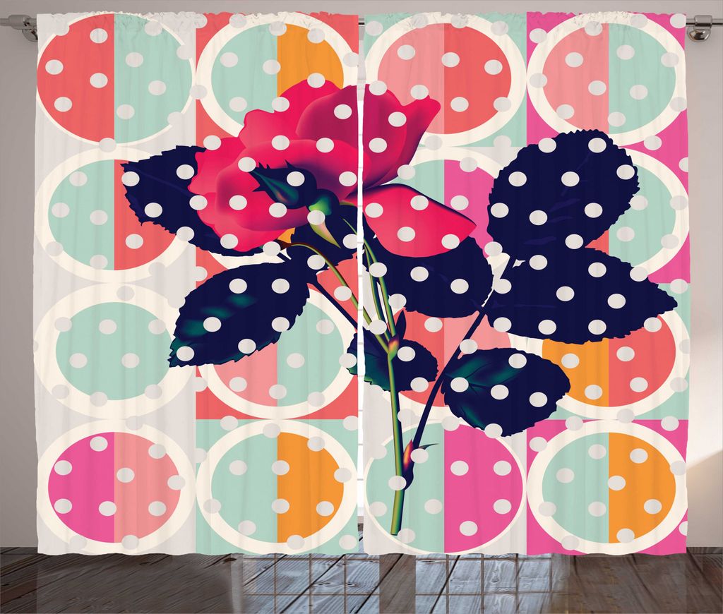 ABAKUHAUS Romantisch Rustikaler Vorhang, Pop-Art-Rose-Tupfen, Wohnzimmer Universalband Gardinen mit Schlaufen und Haken, 280 x 225 cm, Mehrfarbig