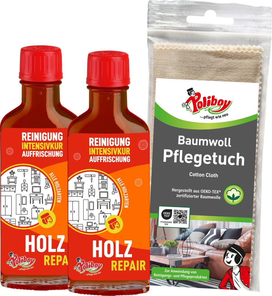 Poliboy Holz Repair - 2x100ml - aufpeppende Möbelpolitur für lackiertes Holz - Mittelbraun - mit Baumwolltuch - 99A2501
