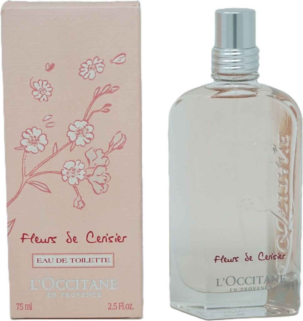 A bottle of L'Occitane Cherry Blossom Eau de Toilette and its packaging are displayed side-by-side against a white background.