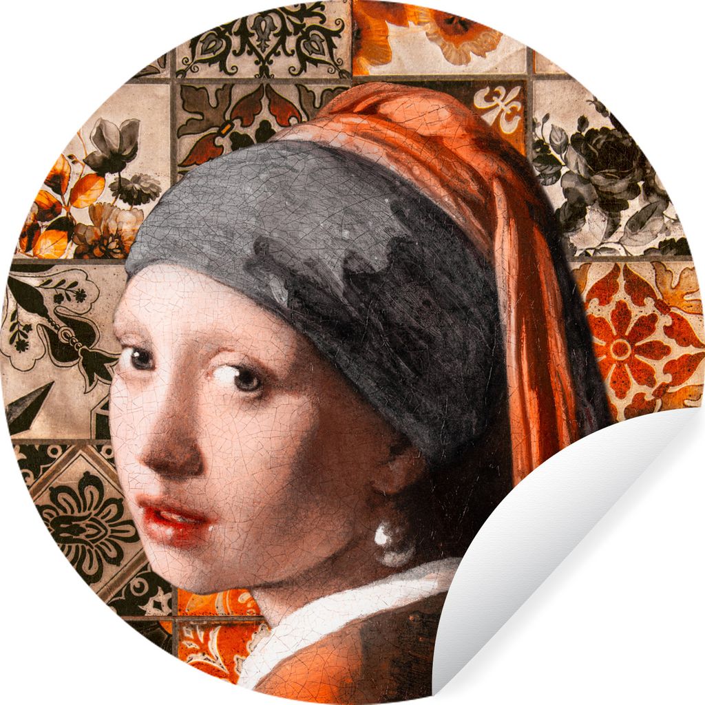 MuchoWow Runde Wandtattoo - Wandsticker Tapete Aufkleber Das Mädchen mit dem Perlenohrring - Kacheln - Orange - Schwarz Ø 100 cm Selbstklebend ...