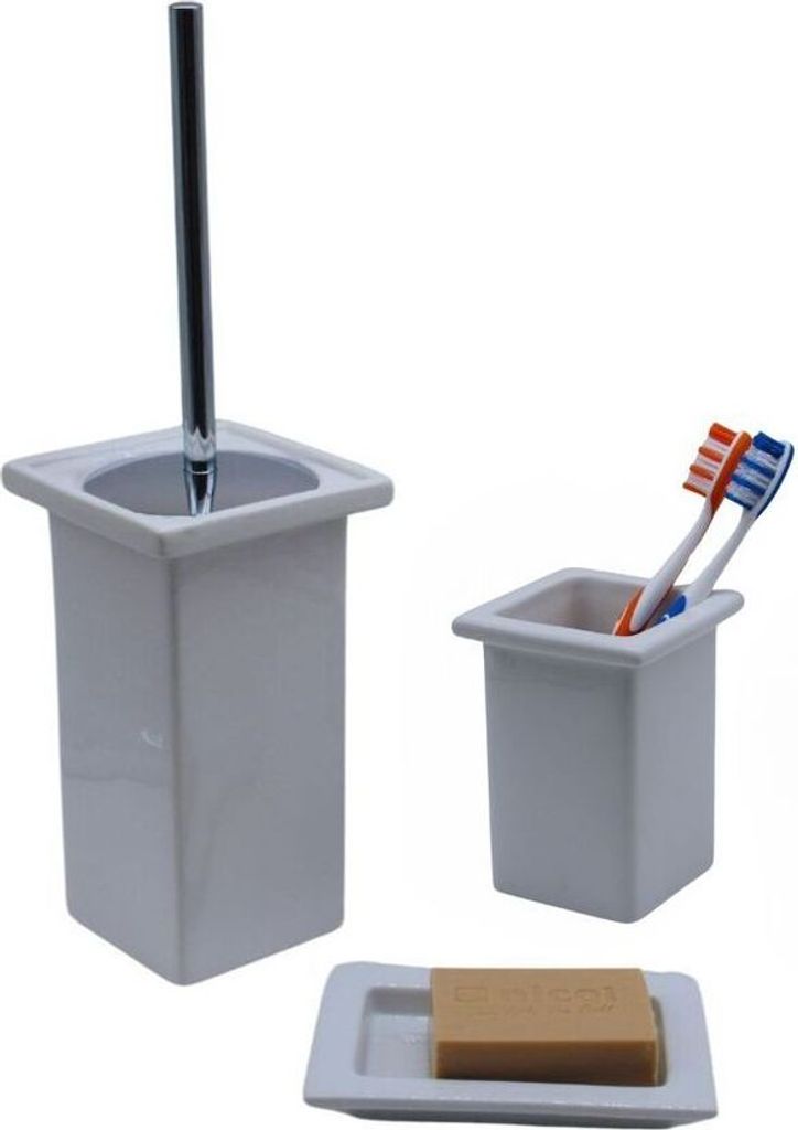 3tlg Set Bad Accessoires WC Bürste Seifenschale Zahnbürstenhalter Minnesota Weiß