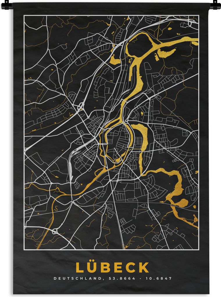 MuchoWow Wandteppich Wandbehang Lübeck - Karte - Gold - Stadtplan - Deutschland 120x180 cm Tapisserie Dekoration Wandtuch - Schlafzimmer - Dekor...