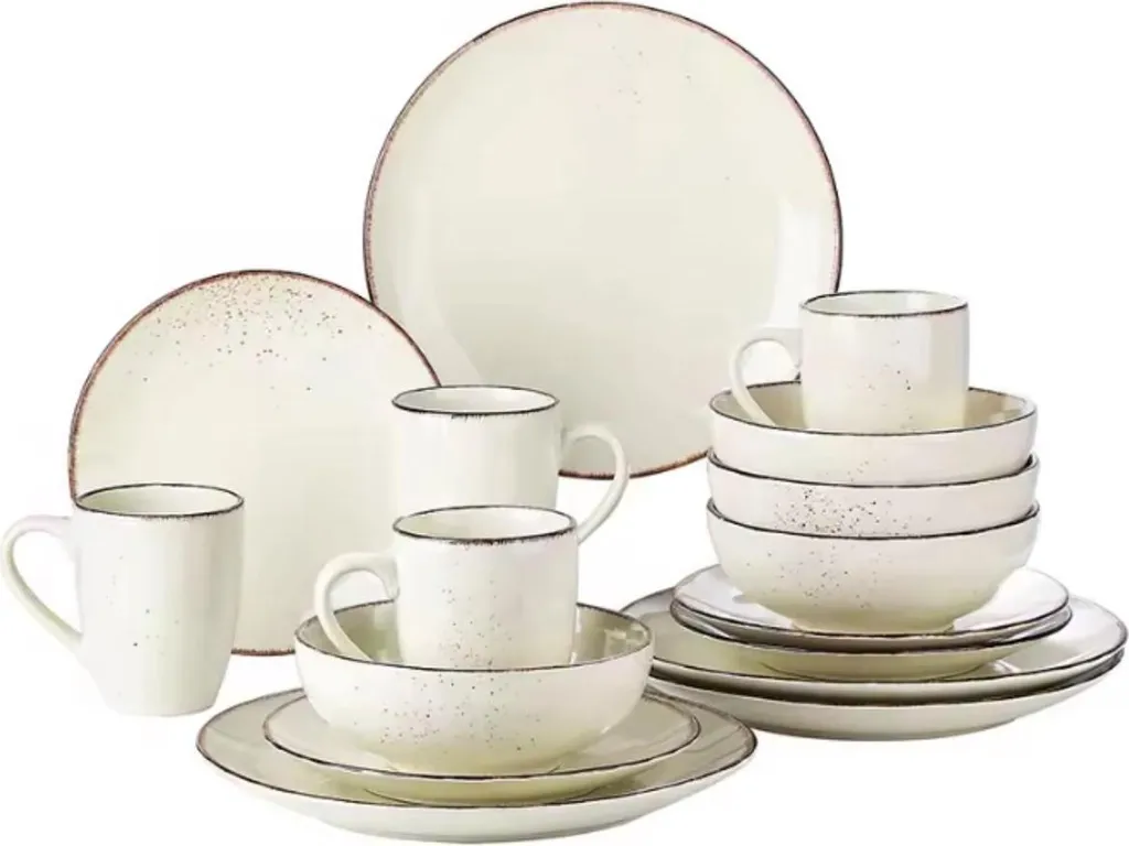 Servizio da tavola vintage - Set da portata - 4 persone - 16 pezzi - Bianco con bordo nero - Ceramica - Piatto da colazione - Design