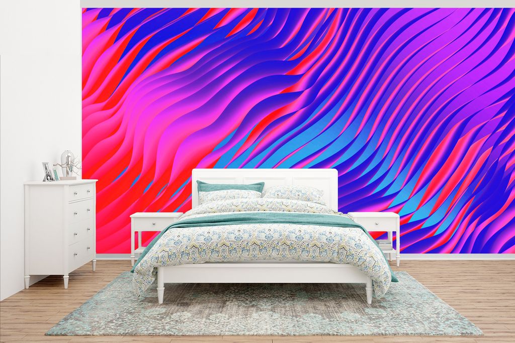 MuchoWow Fototapete für Wohnzimmer oder Schlafzimmer Wandtapete Vinyl Motivtapete Optische Täuschung von Neonwellen - 395x220 cm - Tapezier Papier