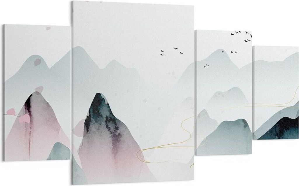 Bild auf Leinwand - Leinwandbild - 4 Teile - Berge Vögel Modern - 160x90cm - Wand Bild - Wanddeko - Wandbilder - Leinwanddruck - Bilder - Wanddeko...