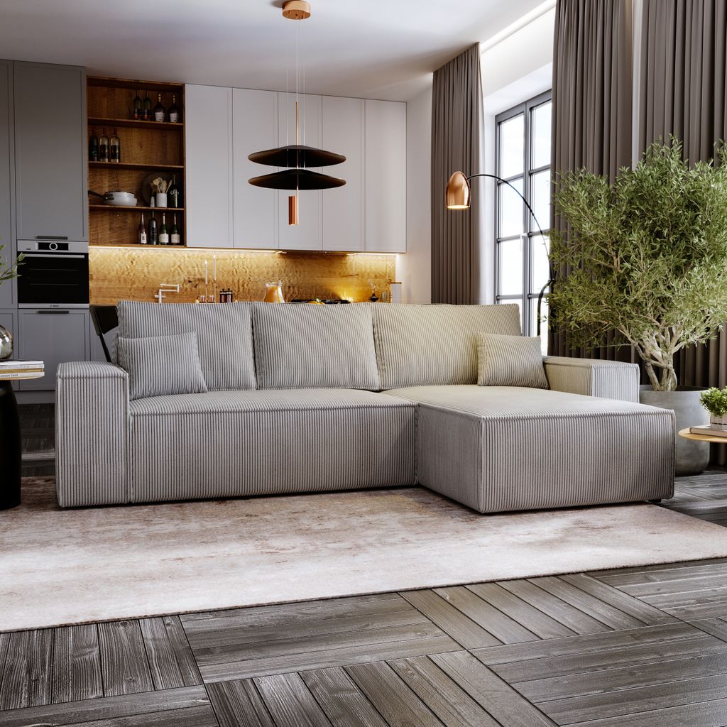 Ecksofa MOSEN L-form 279x181 cm mit Bettkasten und Schlaffunktion, rechte Seite - Poso 55 / Grau