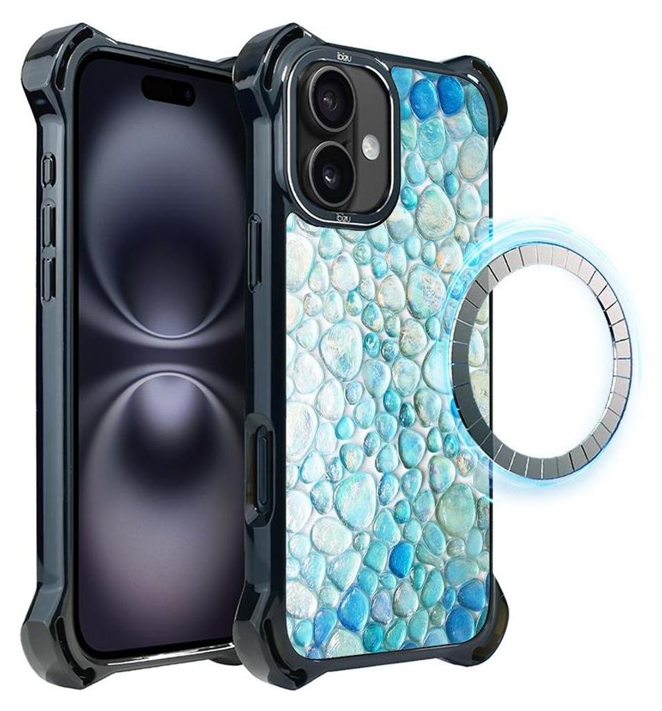 Schutzhülle für das iPhone 16, MagSafe-kompatibel, verstärkte Ecken, schwarz, blaue Wassertropfen