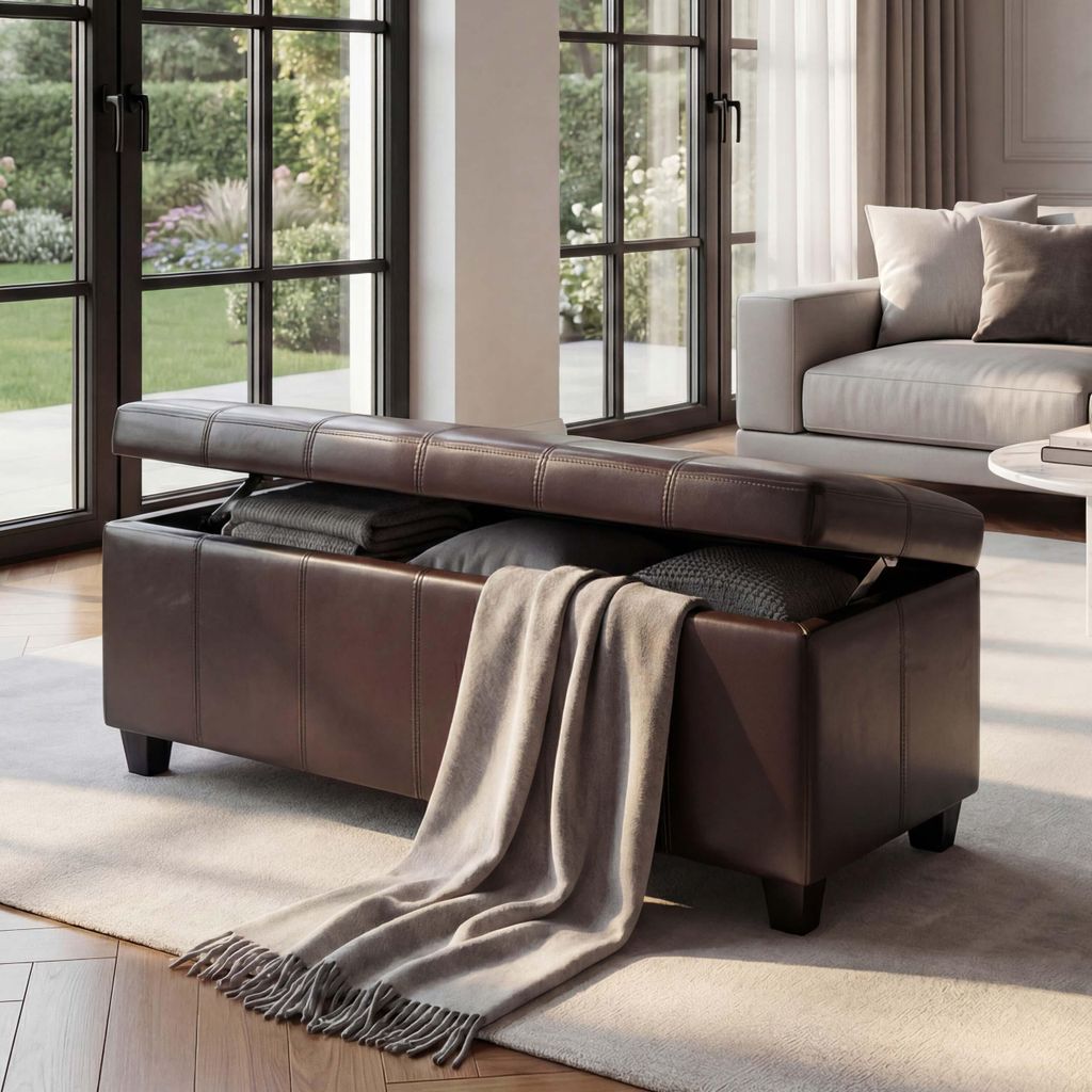Aufbewahrungs-Truhe Sitzbank Arezzo, Leder + Kunstleder, 112x45x45cm MVG- braun