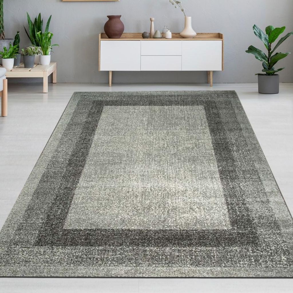 Wohnzimmerteppich Designer Teppich modern kurzflor vintage seitlich gekettelt in grau creme Größe - 200 x 290 cm