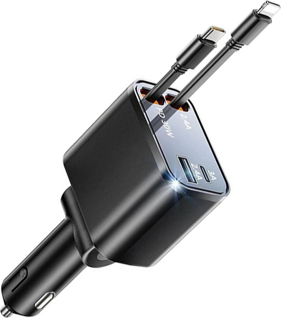 Einziehbare Autoladegeräte, 4-in-1-Ladegerät mit PD 30 W und 2,4 A-Kabeln, schnelles Laden, kompatibel mit iOS und Android