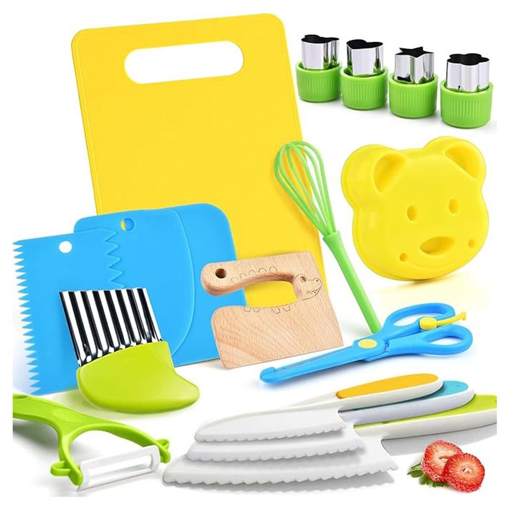 Kindermesserset – 17-teiliges Sicherheits-Küchenmesserset für Kinder zum Kochen mit Gemüseausstechern, Holzmesser, Schneidebrett usw. Messer f...