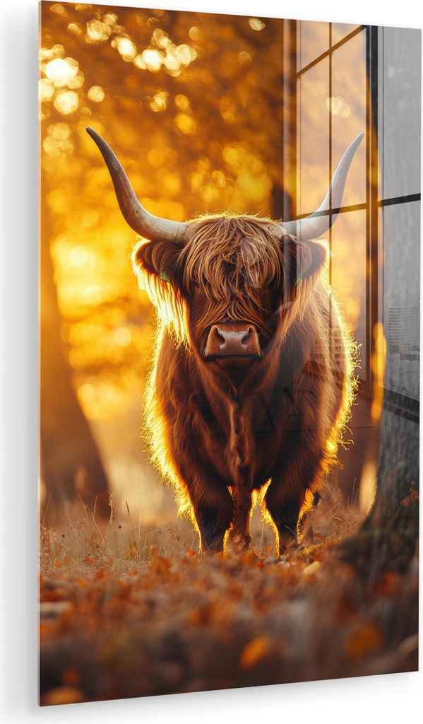 MuchoWow Glasbilder - Bilder auf Wandbild - Foto auf Glas Schottische Hochlandrind - Wald - Herbst - Tiere - Natur - Laub 60x90 cm Wanddekoration a...
