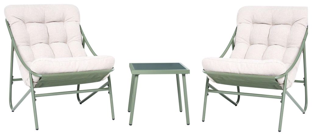 BELIANI 2-Sitzer Lounge Set Grün u. Beige Stahl 3-Teilig Modern 2 Sessel mit Auflagen u. Couchtisch Outdoor Terrasse Balkon Gartenset Gartenmöbel...