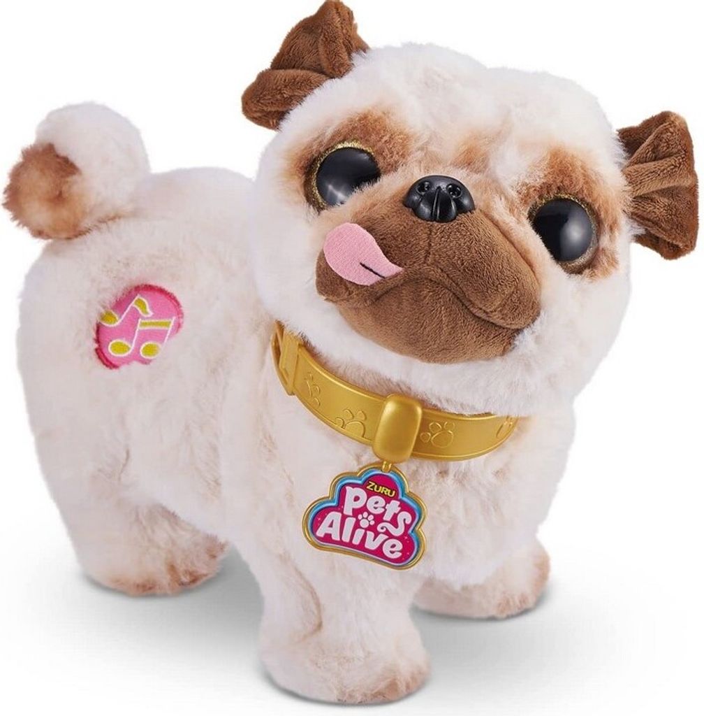 A plush toy pug with a collar and a tag.