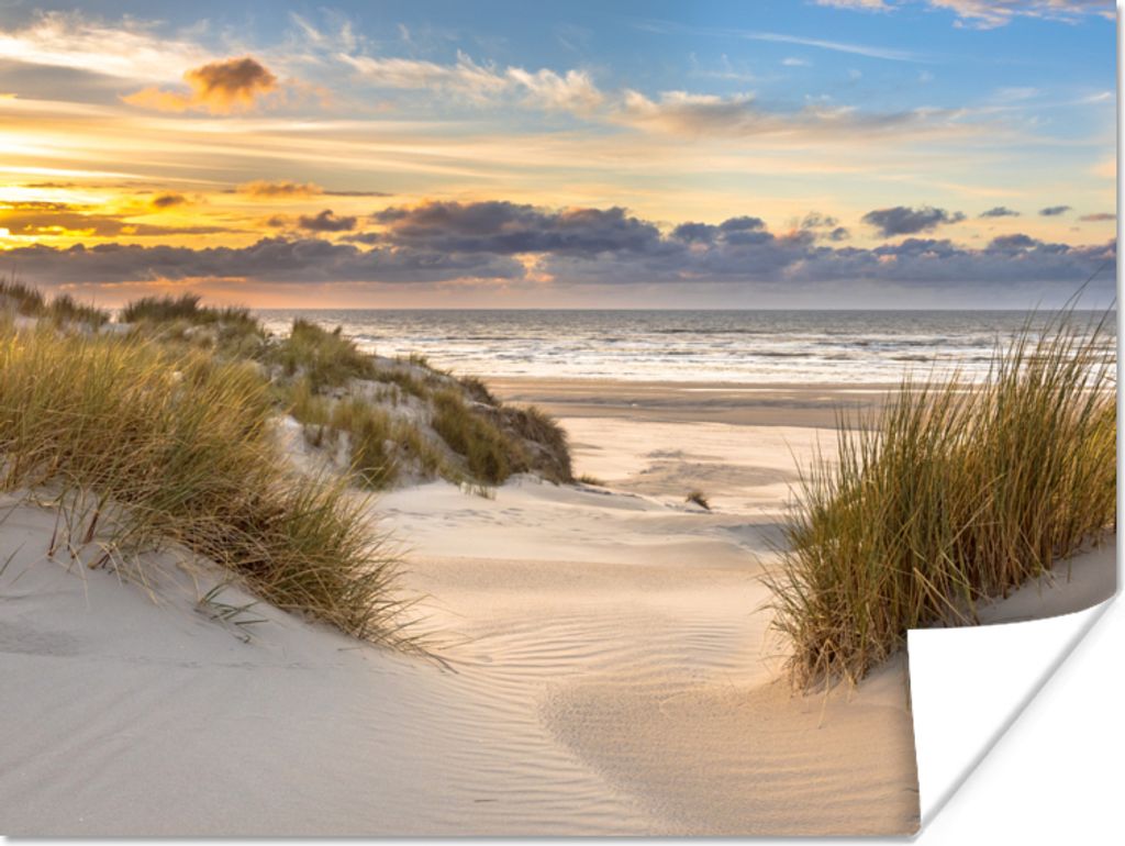 MuchoWow Poster Strand - Düne - Gras - Sonnenuntergang - Meer 160x120 cm - Foto Plakat
