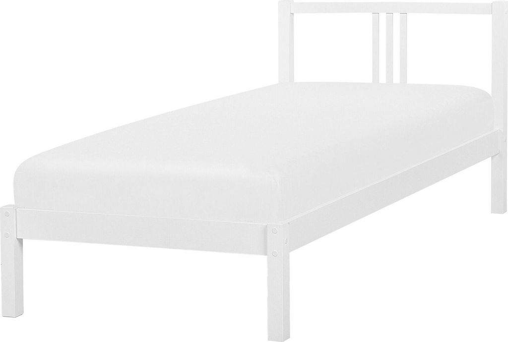 BELIANI Bett Weiß Kiefernholz mit Lattenrost 90 x 200 cm Hohes Kopfteil Lattenoptik Klassisch Skandinavisch Schlafzimmer Holzbett Einzelbett