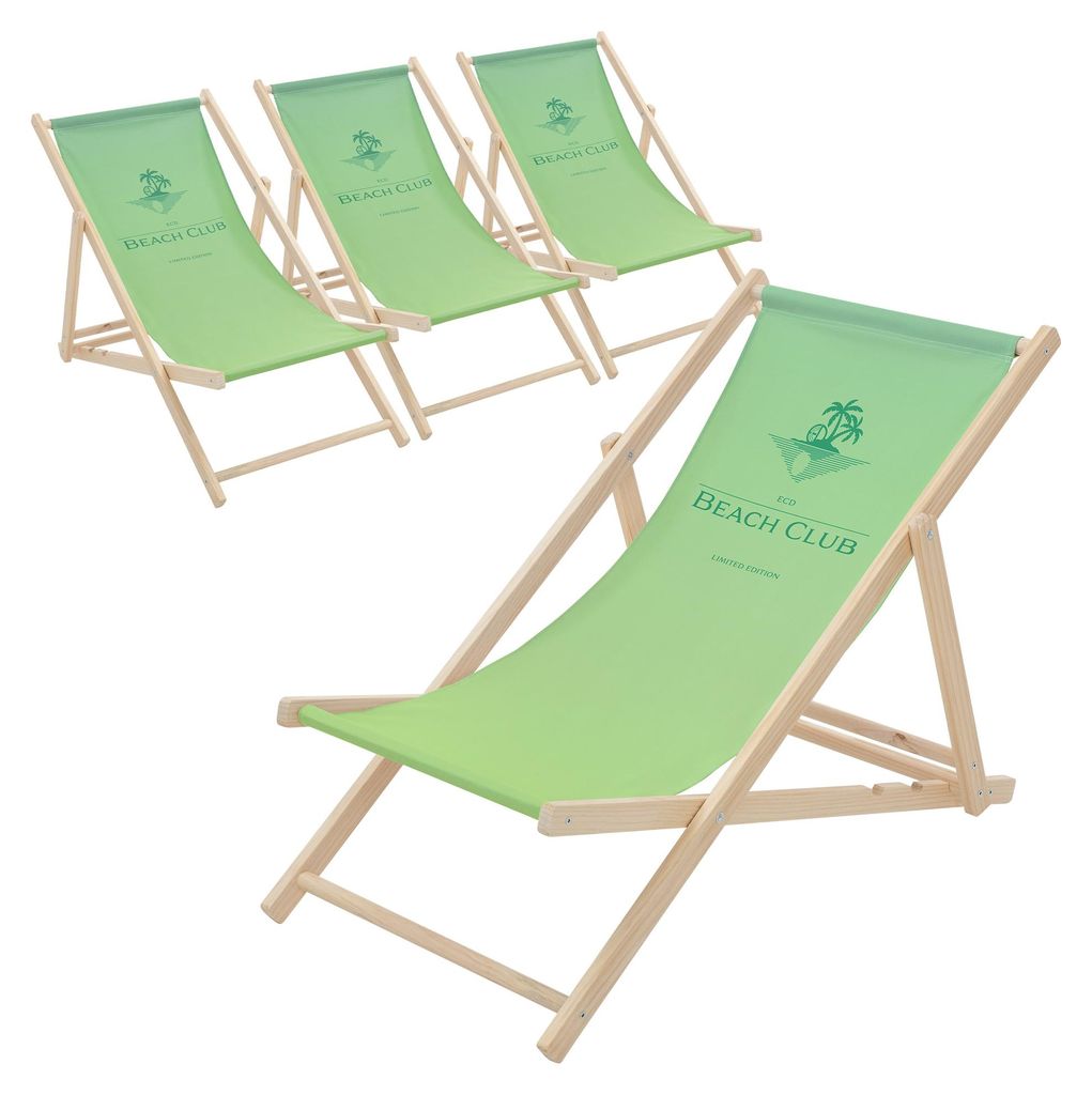 ECD Germany 4er Set Liegestuhl klappbar Beach Club Grün aus Holz Sonnenliege, 3-Fach verstellbarer Rückenlehne Strandliege für Garten Balkon Ter...