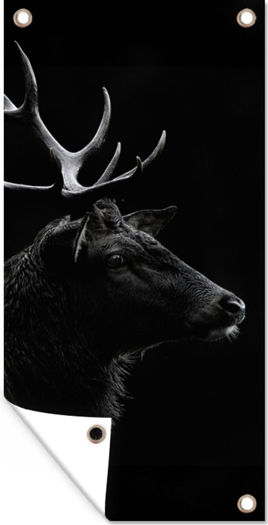 MuchoWow 40x80 cm Outdoor-Poster Gartendeko Sichtschutz Garten Poster für den Garten Hirsch - Schwarz - Porträt - Geweih - Tiere