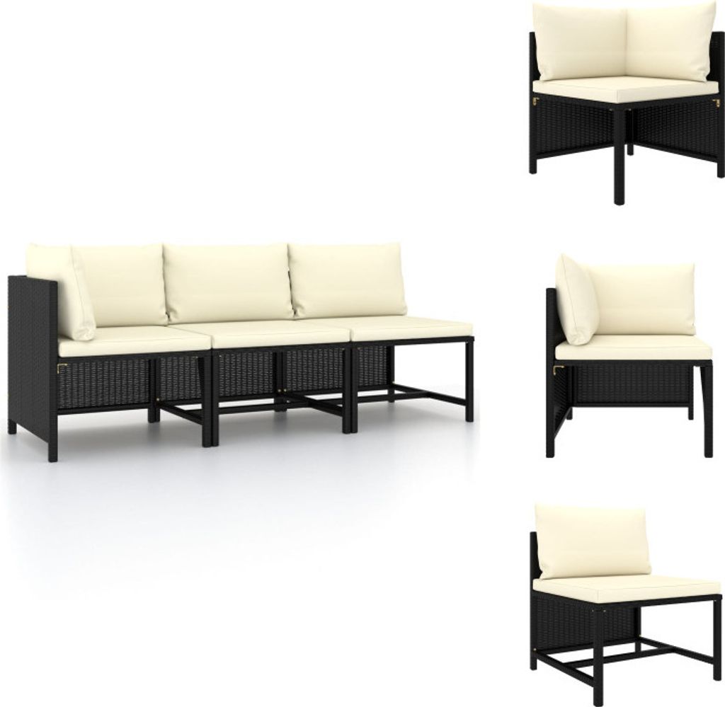 vidaXL 3-tlg. Garten-Sofagarnitur mit Auflagen Schwarz Poly Rattan - Gartensofaelemente