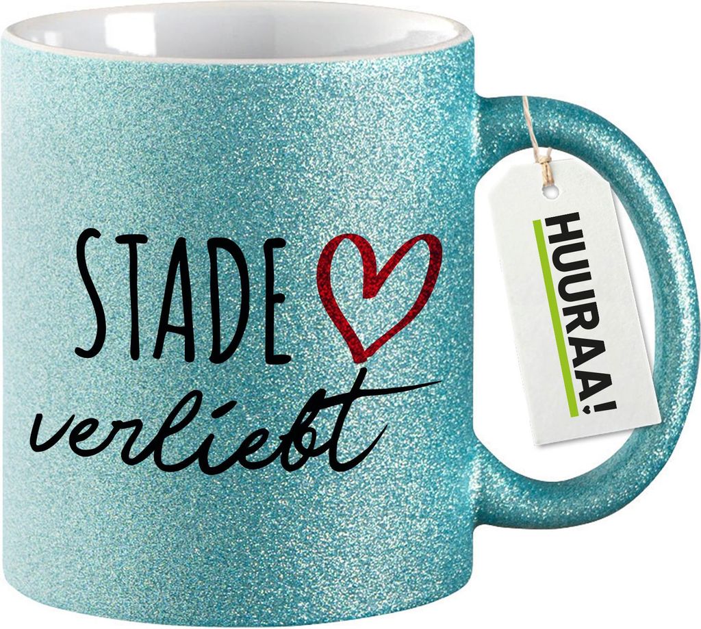 Huuraa Glitzertasse Stade verliebt 330ml Blau Keramik Kaffeebecher Geschenkidee