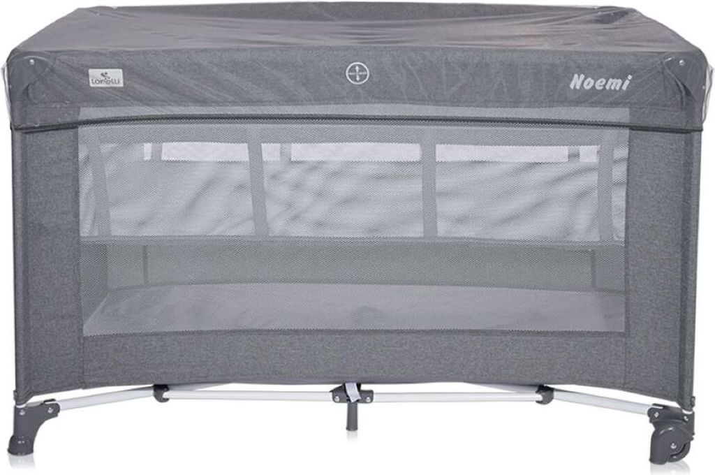 A gray portable crib or playpen.