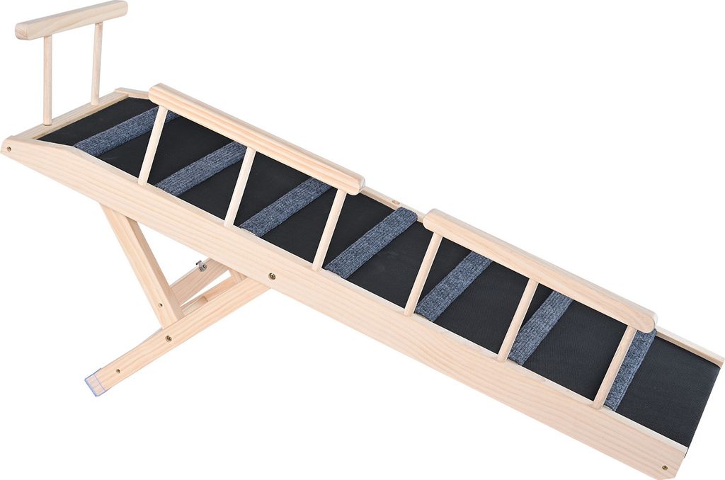 A wooden pet ramp with gray grip strips, shown against a white background.