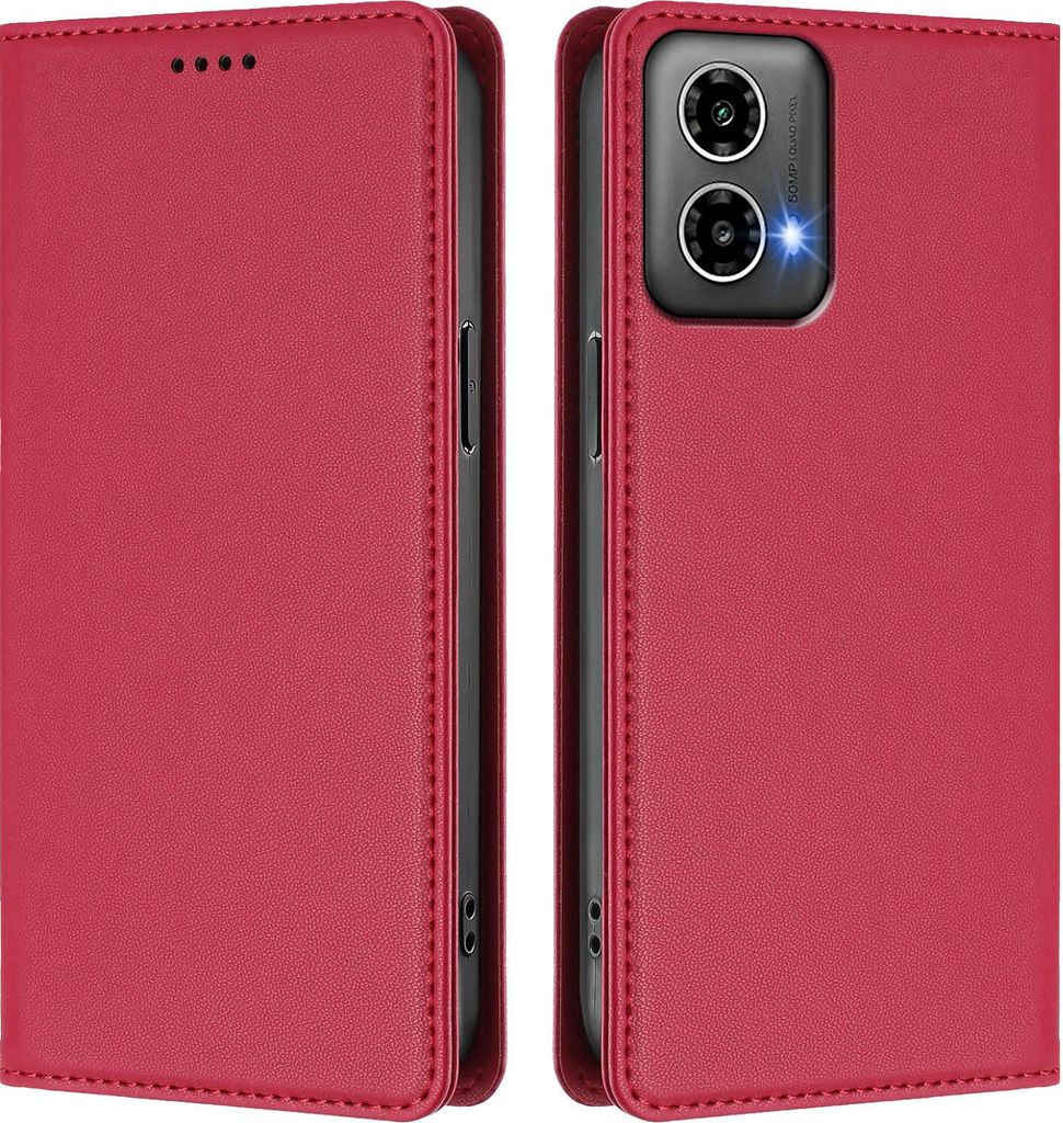 Handyhülle für Motorola Moto G34 / Moto G45, Kunstleder Klapphülle Stoßfeste Magnetische Hülle mit Ständer Rot