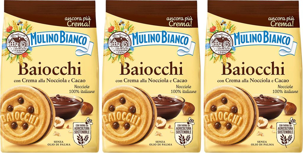 MULINO BIANCO Baiocchi - Mürbeteiggebäck mit Haselnusscreme und Kakao 260g (Kakao, x3)