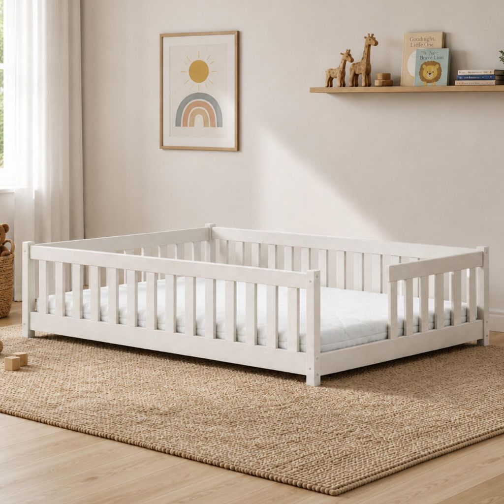 Kinderbett Bodenbett mit Rausfallschutz & Lattenrost Montessori Bett Bed Gitterbett Kinder Jugendbett Einzelbett | 90x200 cm | Baumwolle