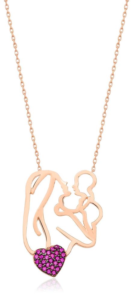 925 Silber Mutter Kind Kette Rosegold – Elegante Damen Halskette mit Zirkonia Herz