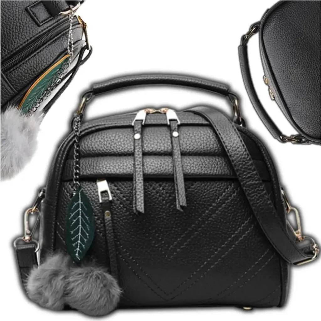 Borsa Donna Tracolla Nera Pompon - Ecopelle Resistente 22x18x8 cm