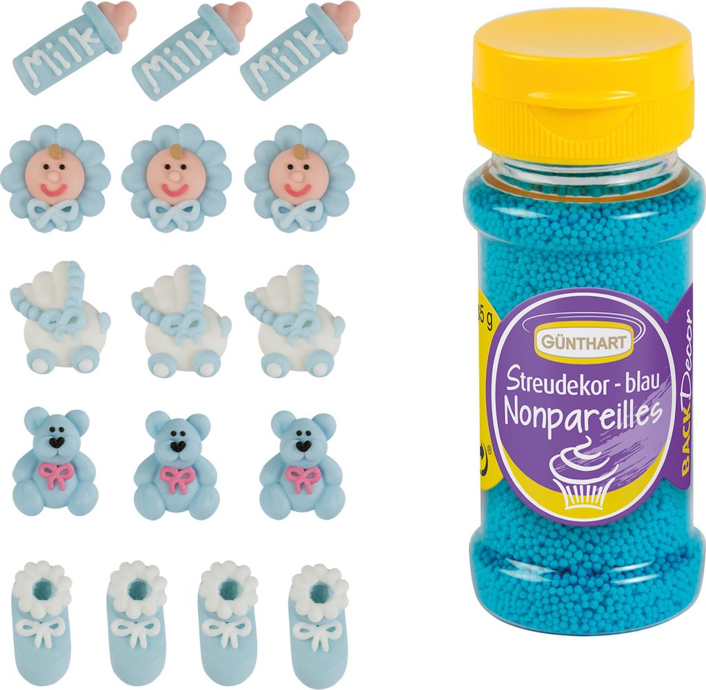 Zuckerfiguren für Taufe & Babyparty | blau mit Streudeko Produktbild 
