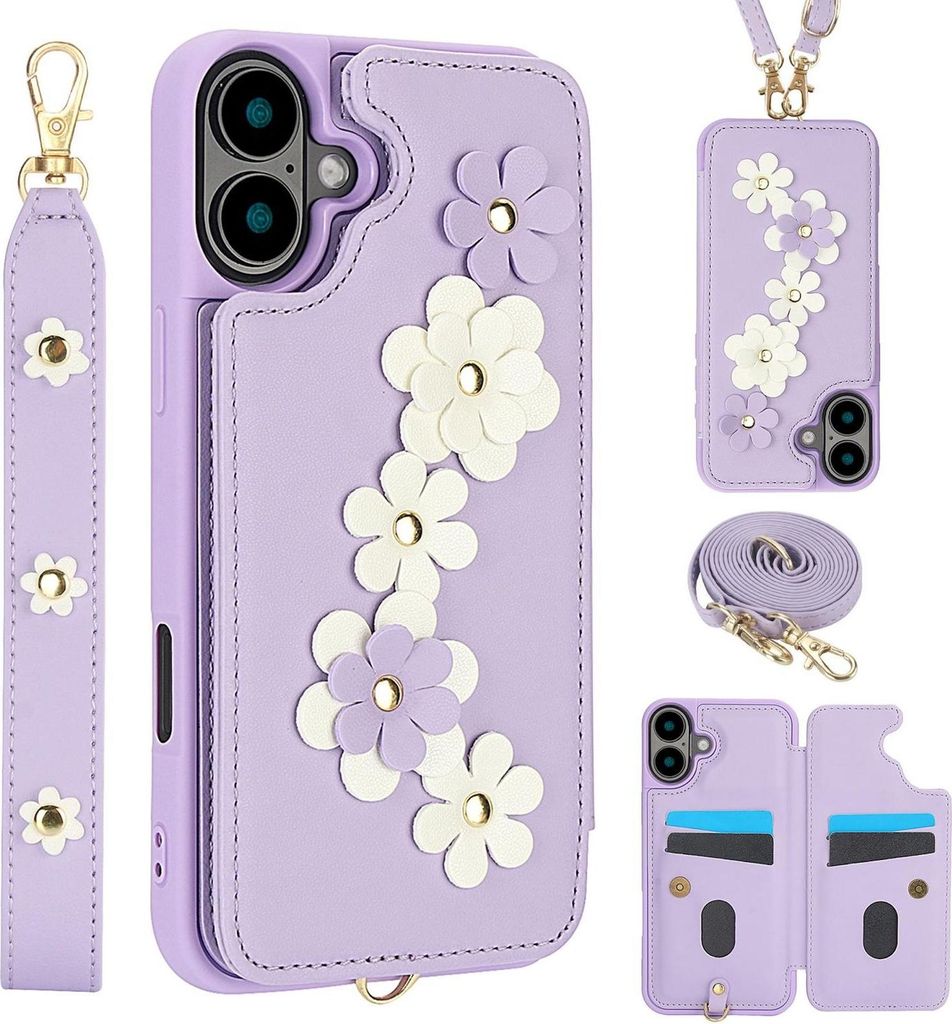 Crossbody Kunstleder Hülle mit Blumenmotiv & Kartenfach Lila für Apple iPhone 17