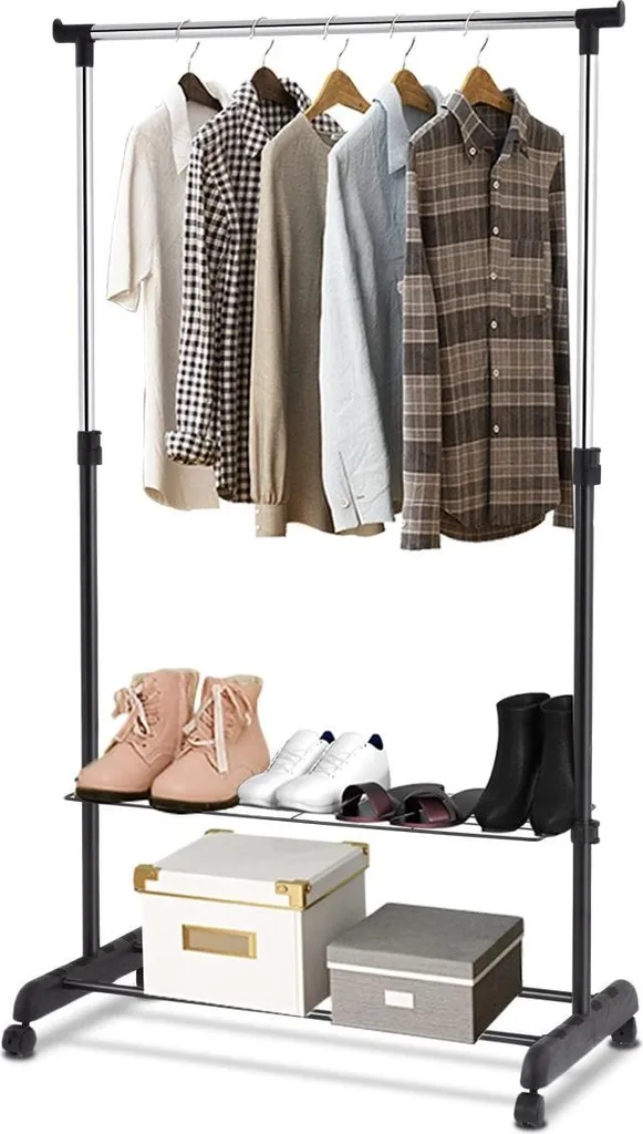 Penderie mobile ajustable noire : portant avec rangement chaussures bas