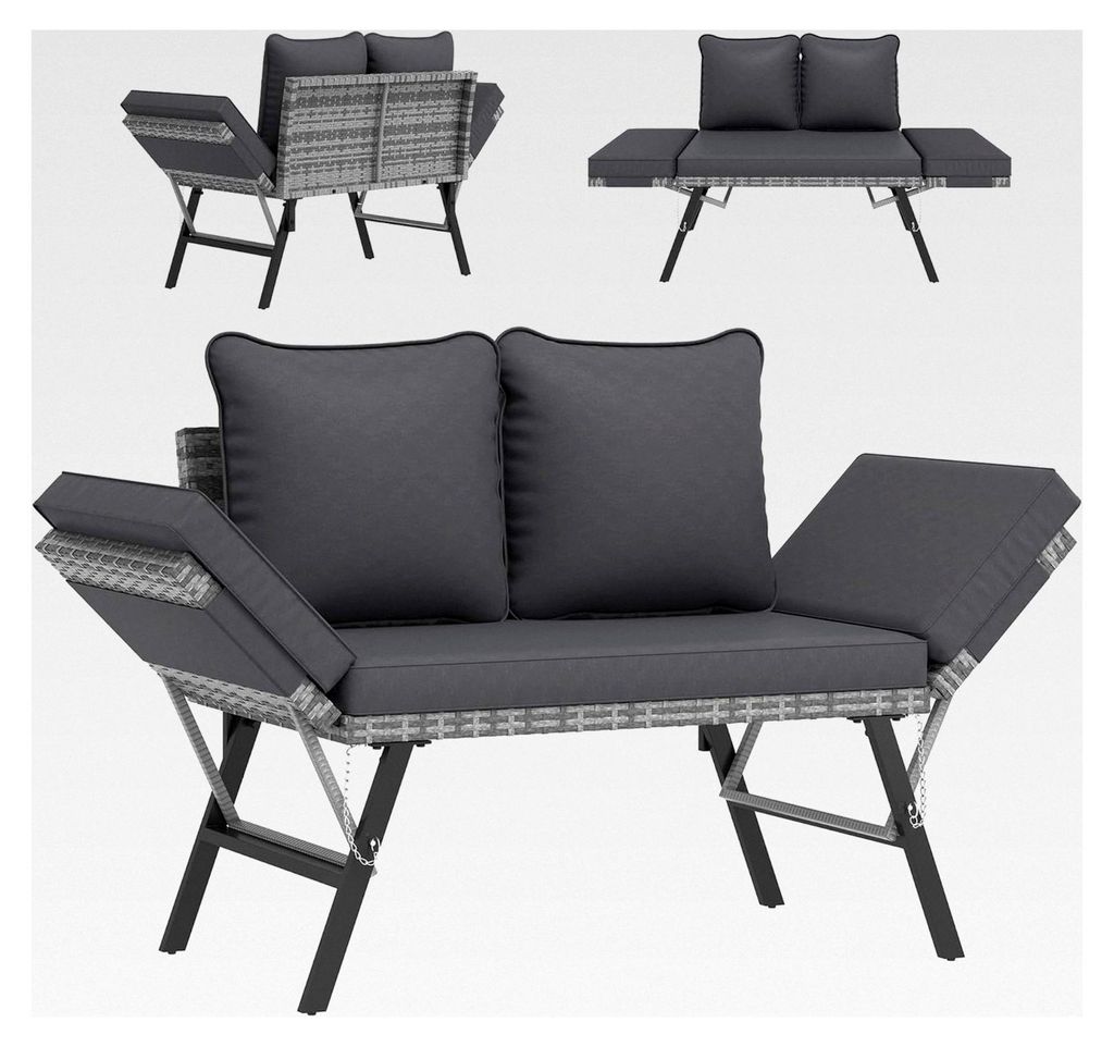 Gartenbank aus Polyrattan mit Liegefunktion – 2-Sitzer Gartensofa mit verstellbaren Armlehnen, wetterfestes Outdoor Sofa für Garten, Balkon und ...