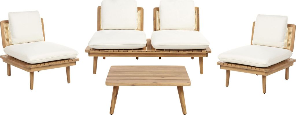 BELIANI Garten-Set 5-teilig Helles Holz mit hellbeigen Kissen Sofa Sessel Couchtisch 4-Sitzer- Sitzgruppe im Boho-Stil