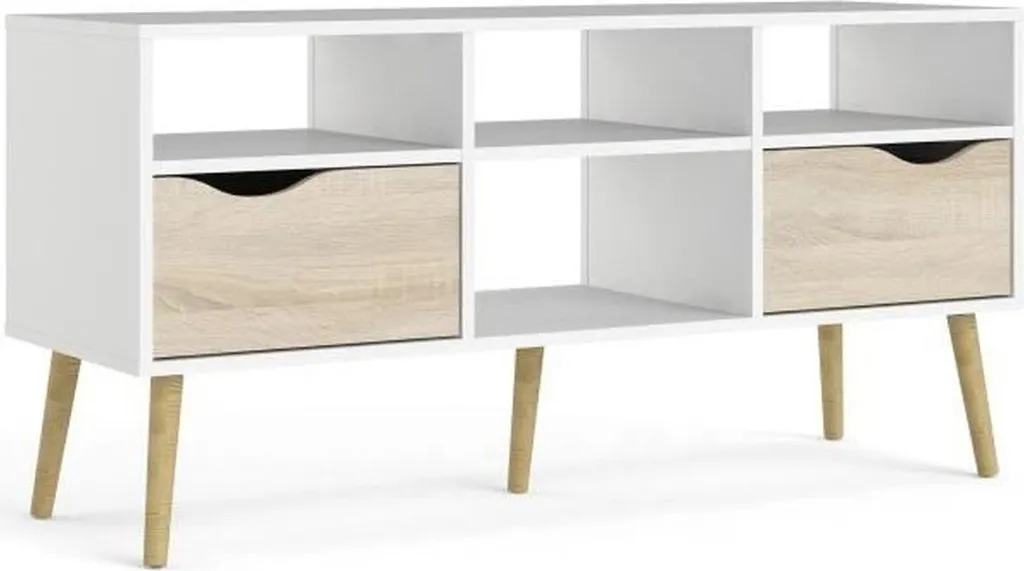 Meuble TV Tvilum Blanc et Chêne 4 Niches 2 Tiroirs 117 cm pour Salon