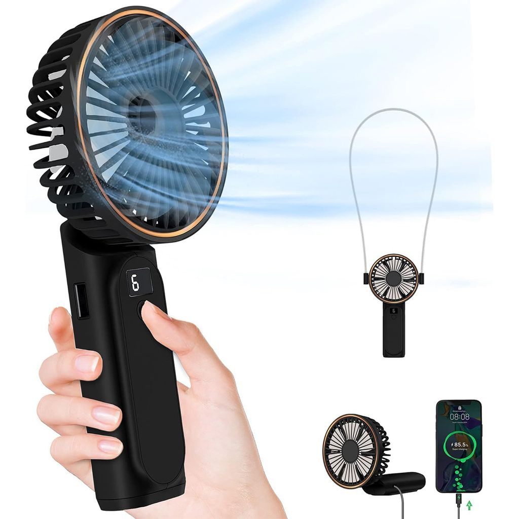 Handventilatoren, tragbarer faltbarer USB Lüfter (6 Windgeschwindigkeit), LCD-Digitalanzeige, Kann Mobiltelefone aufladen, 3600mAh, Schwarz