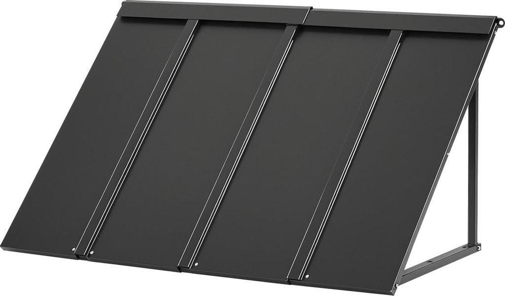 A black metal awning with a triangular steel frame, shown from a slightly elevated front-left angle against a white background.