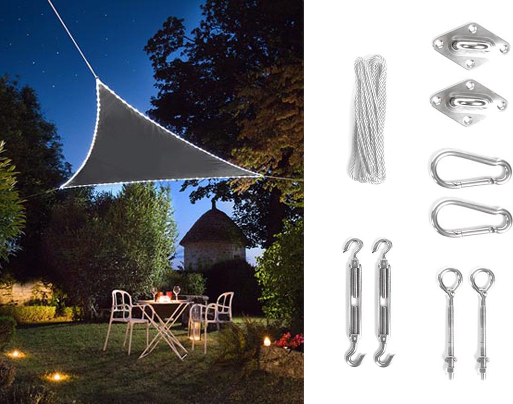 Solar Sonnensegel LED Dreieck Terrassensegel in Grau 5,6m² & Ösenset für Balkon