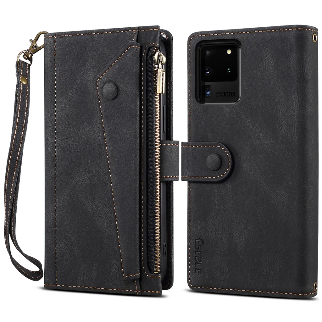 Cover Portafoglio Samsung S20 Ultra 5G Pelle Nera con Zip e Slot Carte