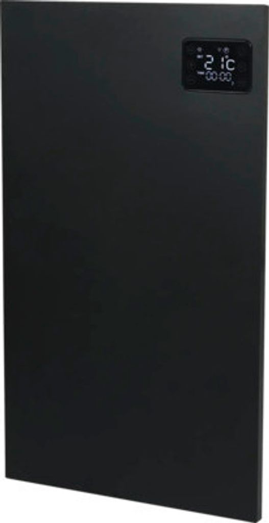 A black electric heater with a digital display.