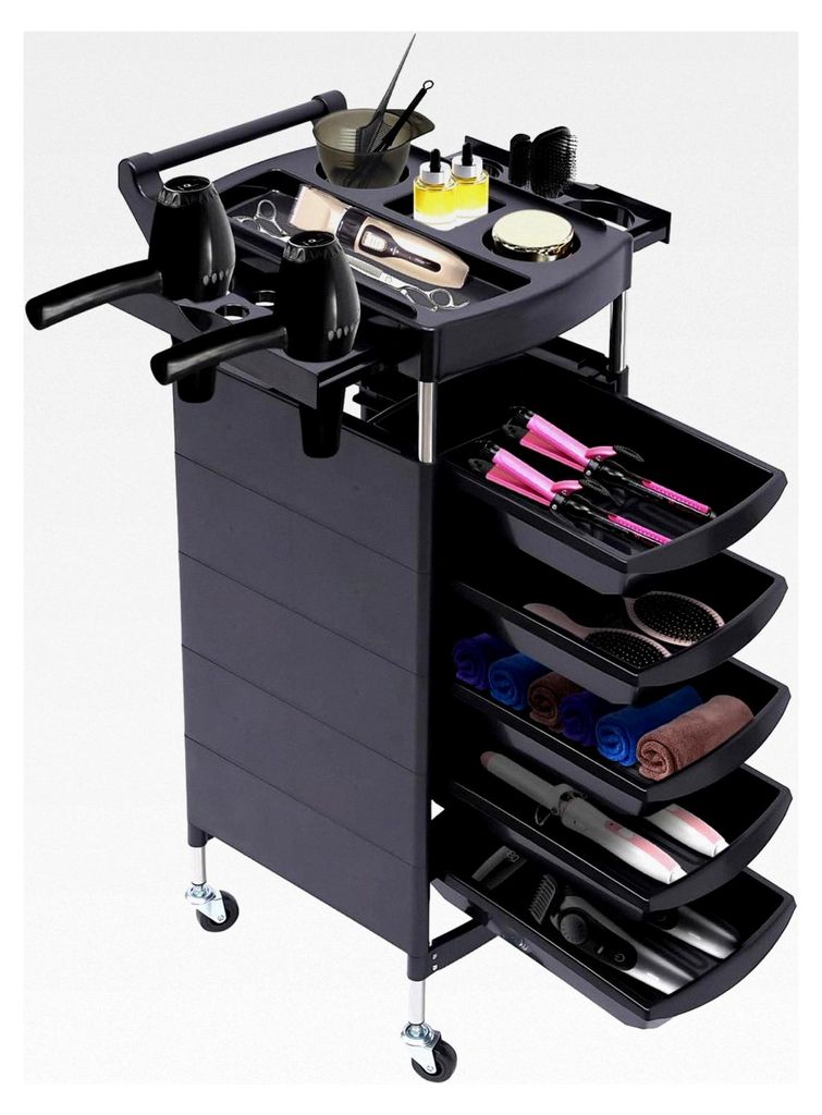 Friseurwagen mit 5 Schubladen und Rollen, Salonwagen für Haarstyling, Schwarz, 6 Ebenen