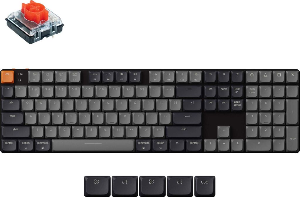 A mechanical keyboard and a keyboard switch are shown against a white background.