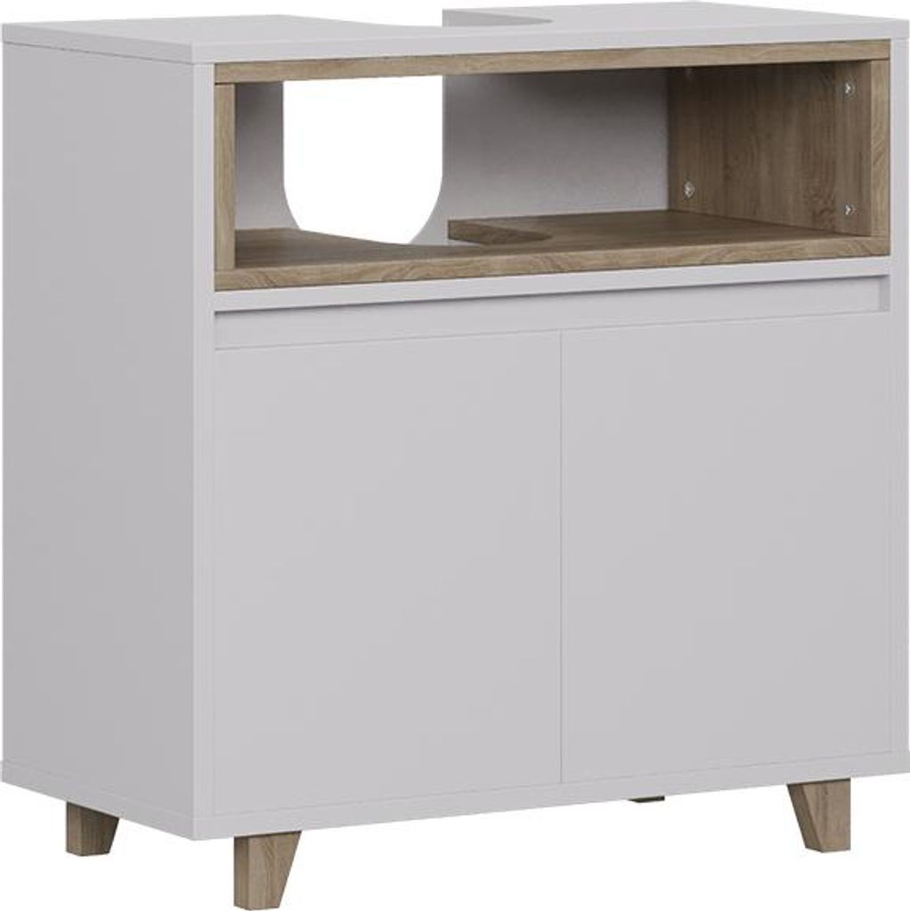 A white and wood-colored bathroom vanity cabinet with two doors and an open shelf above.