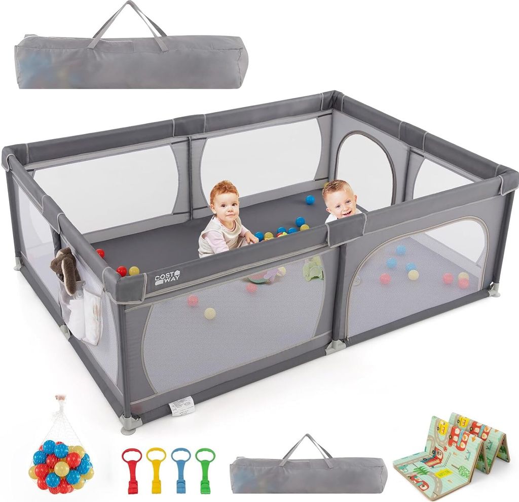 GOPLUS Baby Laufstall mit 50 Spielbällen, Krabbelgitter, Laufgitterzelt mit atmungsaktivem Netz, Reisebett mit 2 Türen und Reißverschluss (Mit M...